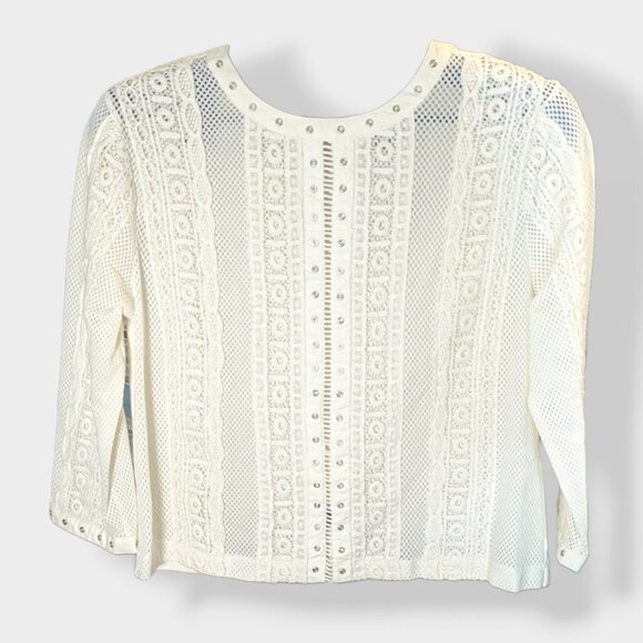 Plenty By Tracy Reese Off-White Rivet & Crochet Lace 3/4 sleeve Top Size Small - Picture 1 of 11